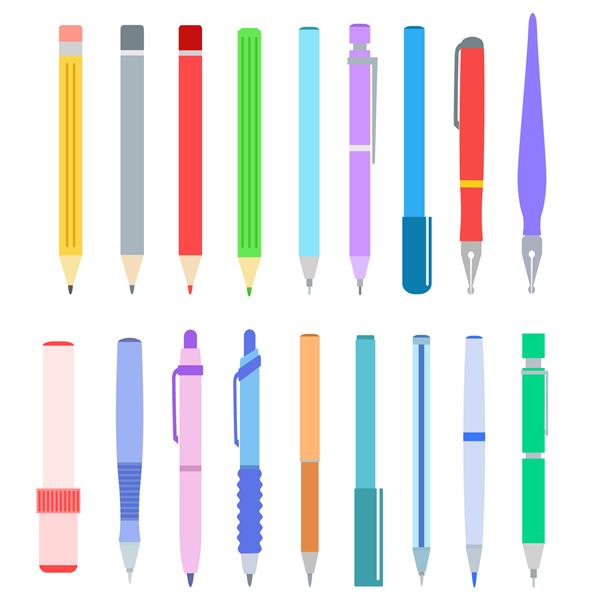 مجموعه ای از خودکار مداد خودکار و نشانگر روی سفید تصویر وکتور استوک