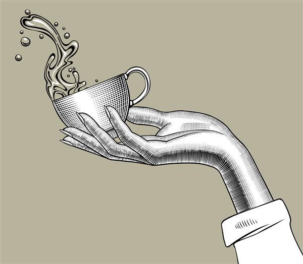 دست زنی که یک فنجان قهوه را با آب پاشیده در دست گرفته است طراحی سبک قدیمی تصویر وکتور