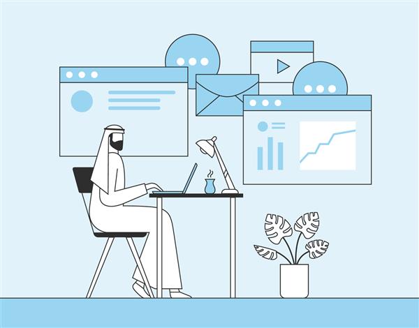 تاجر عرب که با لپ تاپ در دفتر کار می کند صفحه وب بنر ارائه رسانه های اجتماعی پس زمینه پوستر تصویر وکتور تخت
