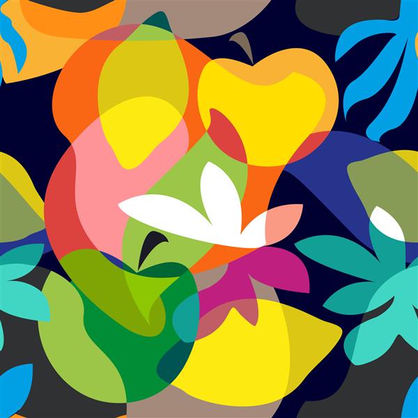 نقاشی انتزاعی استوایی الگوی وکتور بدون درز با میوه ها و گل های هندسی مجموعه نساجی لباس شنا تابستانی رنگارنگ روی تاریکی