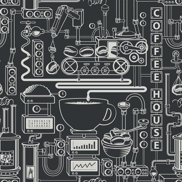 وکتور الگوی بدون درز روی تم قهوه با یک فنجان قهوه تازه دم گیاه با تولید قهوه نوار نقاله به سبک یکپارچهسازی با سیستمعامل و با کلمات قهوه خانه