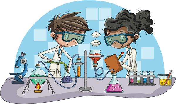 دانشجویان کارتون در حال انجام تحقیق با مایع شیمیایی در آزمایشگاه کلاس درس شیمی