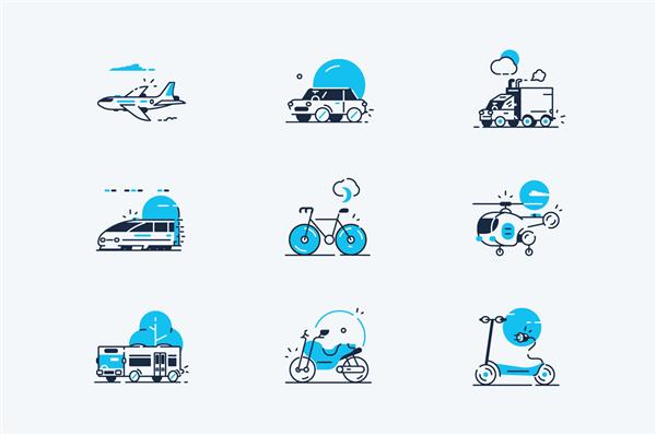 نمادهای خط حمل و نقل مجموعه تصویر وکتور مجموعه شامل هواپیما ماشین کامیون قطار دوچرخه اتوبوس و اسکوتر برقی مفهوم سبک تخت است جدا شده روی سفید