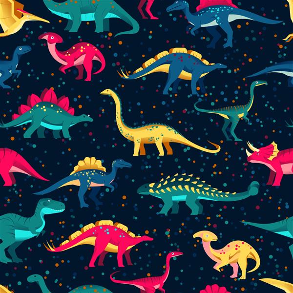 دایناسورهای زیبا و رنگارنگ در پس زمینه سیاه وکتور الگوی بدون درز طرح چاپ کارتونی پارچه ای سرگرم کننده برای کودکان