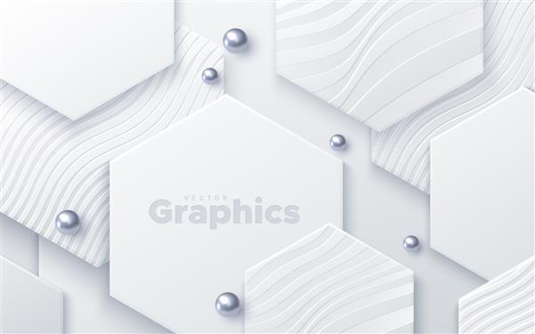 طراحی زیبای جلد ترکیب مینیمال با اشکال هندسی تصویر وکتور سه بعدی شش ضلعی های سفید با طرح های مواج و مهره های نقره ای بافت پس زمینه انتزاعی تزیین کاغذ لایه ای