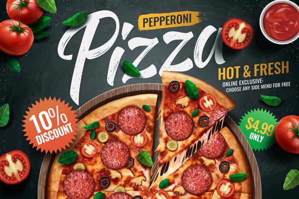 تبلیغات پیتزا پپرونی با مواد خوشمزه در پس زمینه تخته سیاه در تصویر سه بعدی