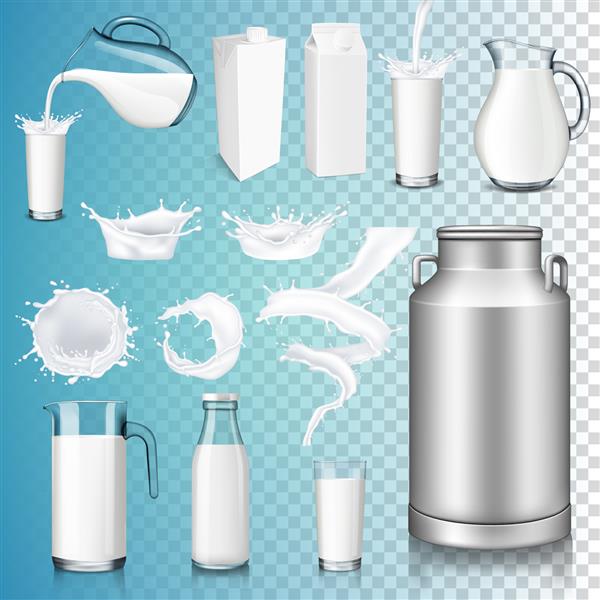 مجموعه ای از محصولات شیر جدا شده در پس زمینه شفاف پاشیدن و ریختن شیر بطری کوزه لیوان ست بسته بندی مقوایی سفید قوطی شیر