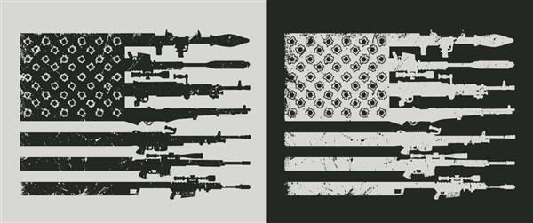 مفهوم نظامی قدیمی با هجوم موشک انداز و تفنگ های تک تیرانداز سوراخ گلوله به شکل تصویر وکتور پرچم آمریکا