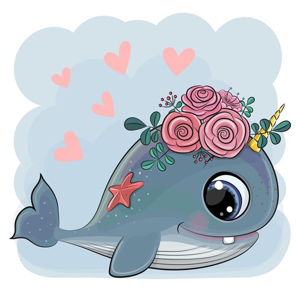 نهنگ کارتونی ناز با گل در پس زمینه آبی