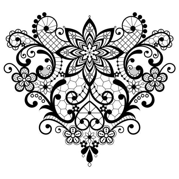 طرح وکتور توری سیاه و سفید قلب - روز ولنتاین جشن عروسی الگوی شکل قلب عشق با گل و چرخش تزیین تک رنگ گلدوزی با الهام از هنر فرانسوی و انگلیسی