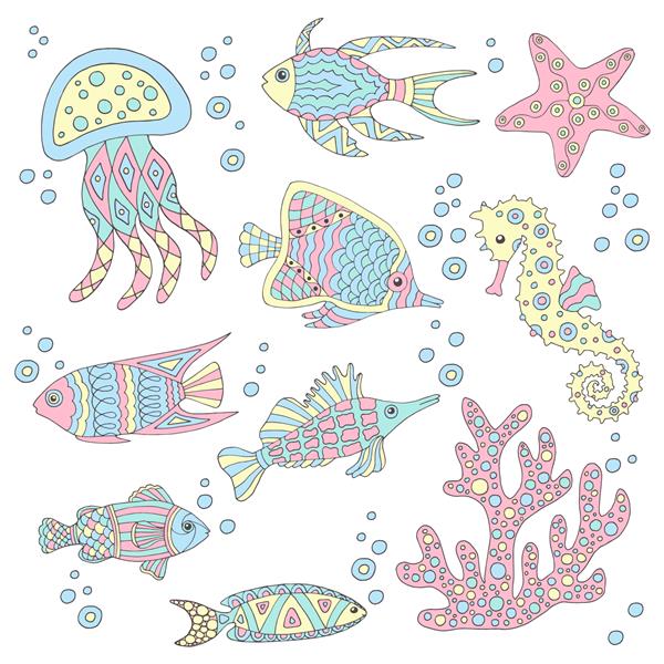 مجموعه ای از ماهی های دریایی ستاره های دریایی مرجانی اسب دریایی چتر دریایی جلبک دریایی با دست طراحی و نقاشی شده در زمینه سفید