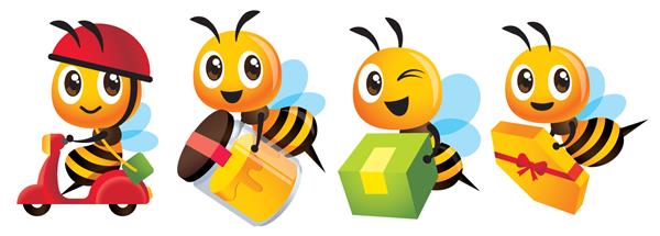 مجموعه کارتونی طلسم زنبور عسل کارتونی زنبور ناز مجموعه محصول را تحویل می دهد اسکوتر سواری زنبور ناز بطری عسل ارگانیک حامل زنبورهای بامزه - مجموعه طلسم شخصیت وکتور