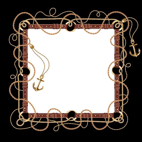 قاب لوکس با کمربند قهوه ای چرمی سگک زنجیر طلایی طناب لنگر در زمینه مشکی حاشیه مربع شکل الگوی با نقوش دریایی ایده برای طراحی کارت دعوتنامه بنر