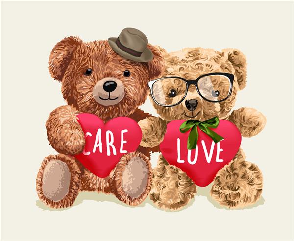 زوج اسباب بازی خرس که تصویر قلب عشق و مراقبت را در دست دارند