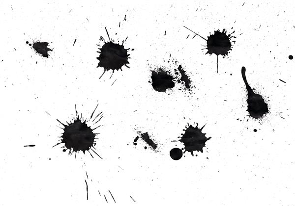 مجموعه VECTOR Grunge پاشیدن قطره لکه لکه های پخش شده از جوهر سیاه روی پس زمینه سفید با بافتی شفاف