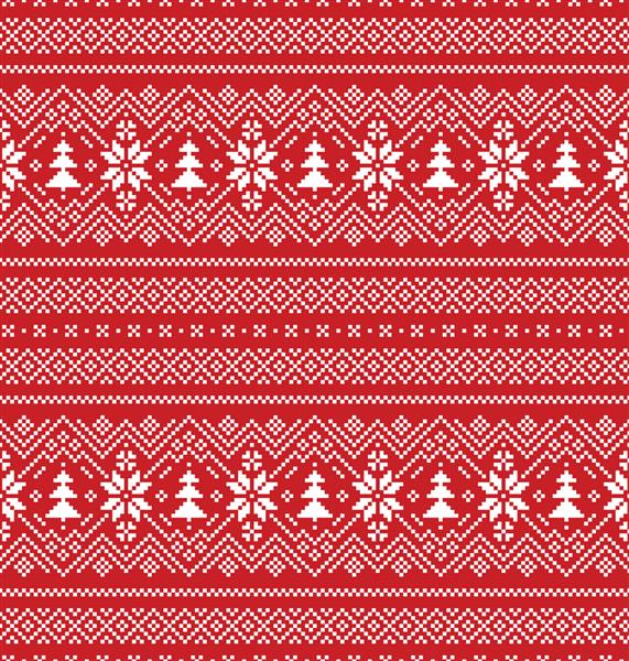 الگوی بدون درز کریسمس و سال نو الگوی پیکسل قرمز و سفید به رنگ قرمز و سفید با دانه‌های برف و درخت‌های کریسمس برای کلاه زمستانی ژاکت جامپر کاغذ یا طرح‌های دیگر