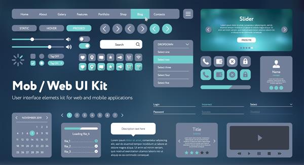 کیت رابط کاربری وب Flat Mobile رابط کاربری جهانی برای طراحی وب سایت های ریسپانسیو اپلیکیشن های موبایل پس زمینه گرادیان UX مختلف صفحه نمایش رابط کاربری گرافیکی با دکمه ها نوار لغزنده قالب منو سبک فضایی مدرن