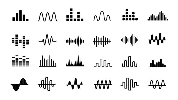 مجموعه ای از نمادهای امواج رادیویی موج صوتی ساده تک رنگ در پس زمینه سفید تصویر وکتور جدا شده