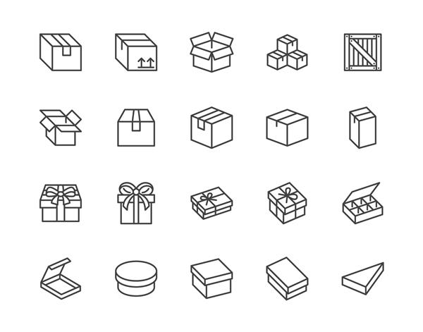 مجموعه آیکون خط تخت جعبه کارتن جعبه های چوبی بسته بندی محصول تصاویر وکتور هدیه علائم طرح ساده برای خدمات تحویل پیکسل عالی Strokes قابل ویرایش