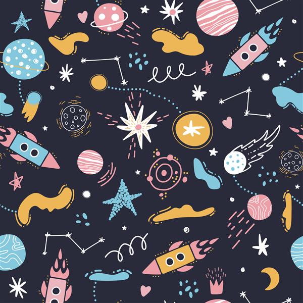 الگوی فضای بدون درز موشک ها ستاره ها سیارات منظومه شمسی صور فلکی عناصر کیهانی وکتور پس زمینه کودکان چاپ روی پارچه پارچه کاغذ