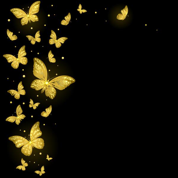 پروانه های طلایی تزئینی براق در پس زمینه مشکی