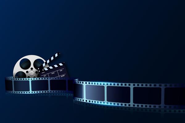 موج نوار فیلم سینمایی حلقه فیلم و تخته کلاپر جدا شده روی پس‌زمینه آبی پوستر سه بعدی جشنواره فیلم و سینما الگوی عناصر طراحی را می توان برای تبلیغات پس زمینه بروشور استفاده کرد