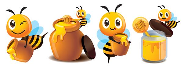 مجموعه کارتونی طلسم زنبور عسل ست گلدان زنبوری کارتونی زیبا با عسل زنبور ناز گلدان عسل و بطری عسل ارگانیک را حمل می کند - مجموعه طلسم شخصیت وکتور
