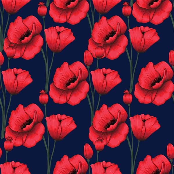 الگوی بدون درز گل های خشخاش قرمز در پس زمینه آبی تیره تصویر وکتور با دست طراحی آبرنگ خشک برای طرح کاغذ دیواری استفاده شده پارچه نساجی یا کاغذ کادو