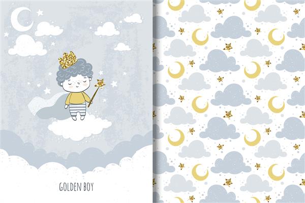 پسر شاهزاده طلایی کوچولو روی ابر با تاج روی سر و عصای جادویی در دست در آسمان شب با ماه و ستاره روی ابر می ماند الگوی کارت کودکان و طراحی الگوی پس زمینه بدون درز
