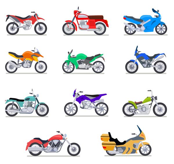 ست موتور سیکلت موتور و اسکوتر دوچرخه و هلی کوپتر نمادهای تخت جدا شده از نمای جانبی موتور کراس و وسایل نقلیه تحویل
