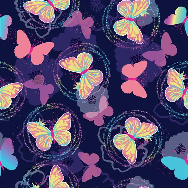 الگوی روشن بدون درز با پروانه ها رنگ می کند پروانه هایی که با دست کشیده شده است الگوی منسوجات لباس بچه گانه بسته بندی بوسکگی پس زمینه دخترانه