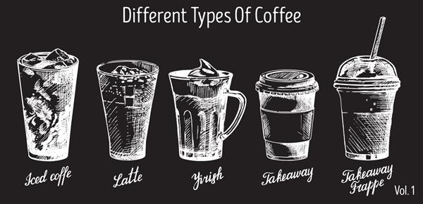 انواع مختلف قهوه وکتور تصویر کشیده شده با دست قهوه یخی لاته ایرلندی نوشیدنی های قهوه فراپه با حروف دستی برای منو بنر پوستر