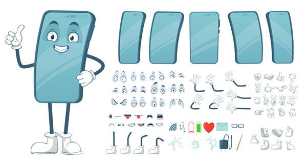 طلسم کارتونی گوشی هوشمند شخصیت خنده دار تلفن همراه صفحه نمایش گوشی های هوشمند با صورت پاها و بازوها سازنده بدنه نمایشگر دستگاه گجت تبلت بسته نمادهای تصویر وکتور جدا شده