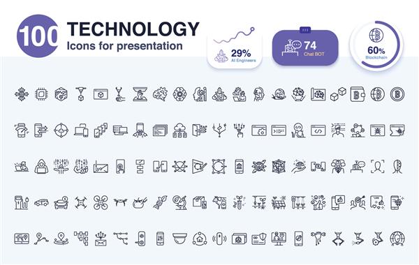نماد خط 100 فناوری برای ارائه شامل نمادهایی به عنوان گزارش هوش مصنوعی عمر هوشمند دیجیتال داده و موارد دیگر