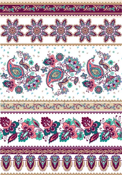 مجموعه ای از حاشیه های رنگارنگ گل های شرقی با پیسلی کاغذ دیواری گلدار زیور آلات تزئینی برای پارچه پارچه کاغذ بسته بندی