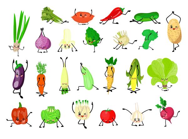 شخصیت های زیبای کاوایی یک مجموعه بزرگ از سبزیجات یوگا و ورزش سبک زندگی سالم برچسب سبزیجات