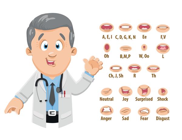 پزشک خندان با موهای نقره ای در کت آزمایشگاهی موقعیت دهان و دندان را نشان می دهد مجموعه احساسات همگام لب قابل استفاده برای انیمیشن تصویر وکتور کارتونی جدا شده در پس زمینه سفید