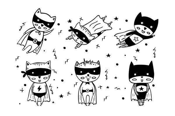 ابرقهرمانان کارتونی با لباس سیاه حیوانات ناز قابل استفاده برای کارت دعوت و طراحی پوستر چاپ تی شرت و شخصیت کارتونی