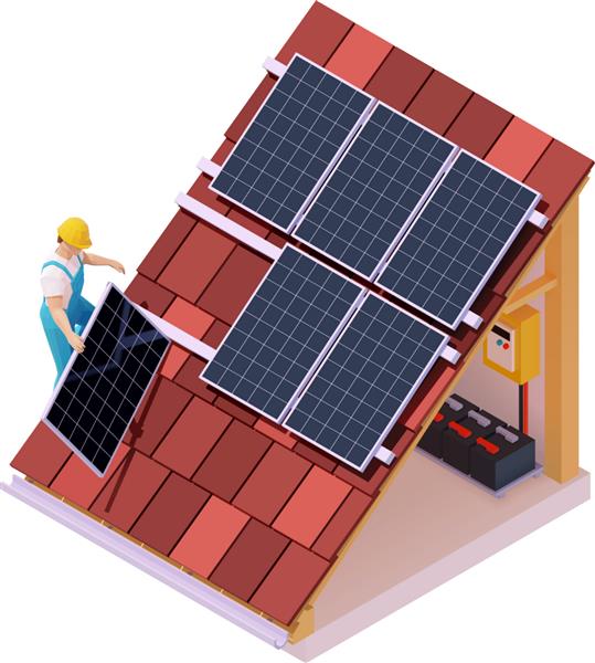 وکتور نصب پنل خورشیدی ایزومتریک کارگر روی پشت بام خانه در حال نصب پنل های خورشیدی فتوولتائیک با انرژی جایگزین باتری های برقی تابلو برق یا تابلو توزیع