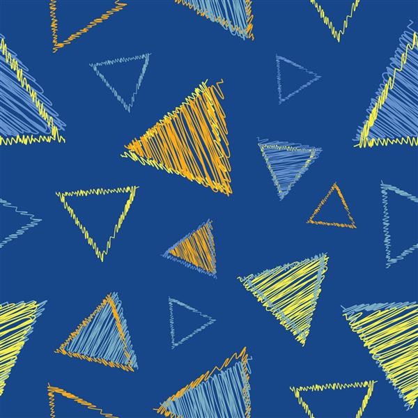 مثلث‌های رنگارنگ الگوی انتزاعی بدون درز روی پس‌زمینه آبی با اشکال هندسی بافت‌دار خط‌نوشته‌شده پوشش تکراری بی‌پایان برای پارچه پرده فرش کاغذ دیواری پارچه چاپ پارچه