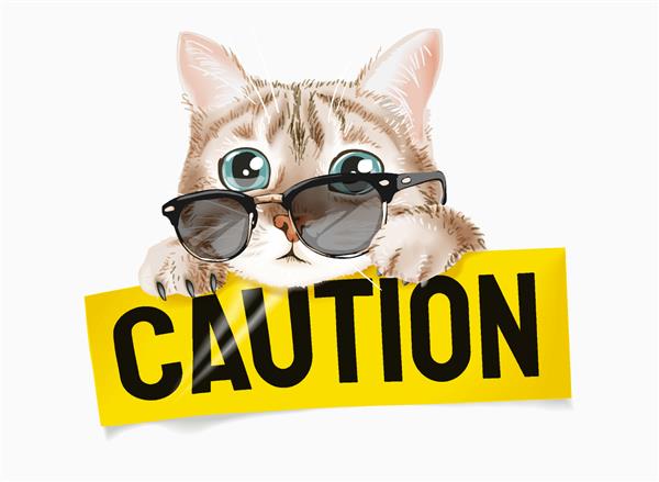 گربه زیبا در عینک آفتابی با تصویر علامت احتیاط