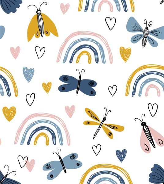 الگوی بدون درز اسکاندیناوی با رنگین کمان قلب پروانه بافت ناز طراحی شده با دست زیور آلات مدرن در وکتور ایده آل برای طرح پارچه یا کودکانه