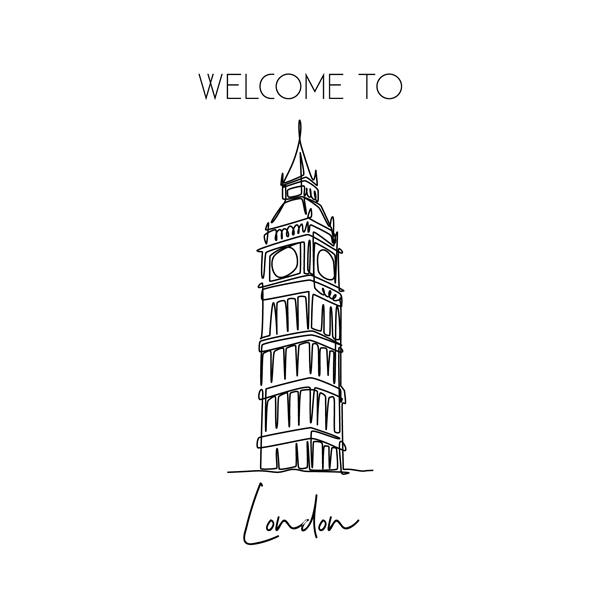 طراحی یک خط پیوسته نقطه عطف برج ساعت بیگ بن مکان زیبایی نمادین تاریخی در لندن مفهوم چاپ پوستر دیواری دکوراسیون منزل تصویر وکتور طراحی مدرن یک خط