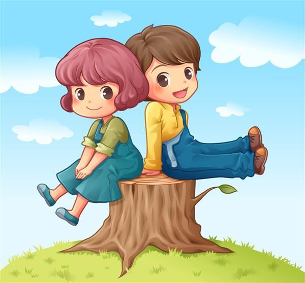 تصویر وکتور یک پسر و یک دختر نشسته روی کنده درخت کارتون شخصیت زیبا استفاده برای تصاویر تزئینی مختلف برچسب و کاغذ دیواری