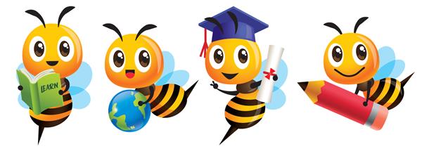 مجموعه Bee Back to School مجموعه طلسم آموزش زنبور عسل زیبا کارتونی کارتونی فارغ التحصیلی زنبورهای ناز در دست گرفتن کتاب آموزشی حمل یک کره زمین حمل یک مداد بزرگ قرمز - مجموعه طلسم شخصیت وکتور