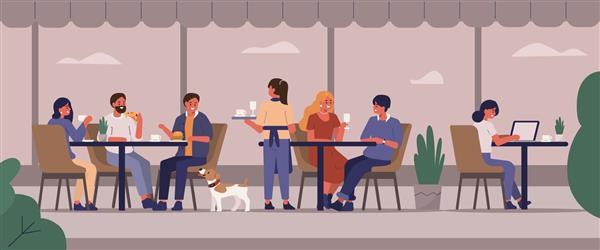 شخصیت های جوانی که در کافه خیابان غذا می خورند و کار می کنند زن و مرد صحبت می کنند قهوه می نوشند و می خورند رستوران یا بار شلوغ در فضای باز در شهر تصویر وکتور کارتونی تخت