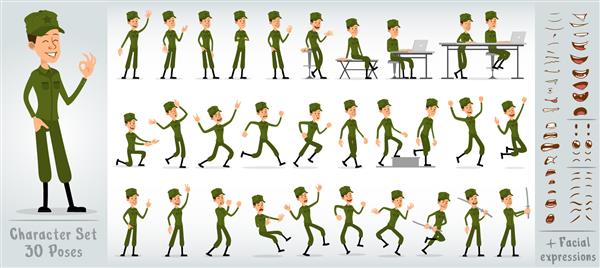 کارتون مسطح بامزه و بامزه شخصیت پسر سرباز ارتش با لباس سبز و کلاه با ستاره 30 حالت مختلف و حالت چهره جدا شده در زمینه سفید مجموعه آیکون های وکتور بزرگ