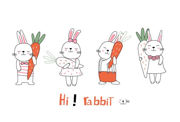 سبک طراحی شده با دست طرح کارتونی وضعیت بدن بچه حیوان خرگوش با هویج