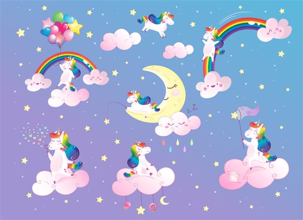 مجموعه وکتور تکشاخ رنگین کمان جادویی زیبا با ستاره و ابر مجموعه کارتونی جدا شده از دکوراسیون برای کودکان بسته استیکر