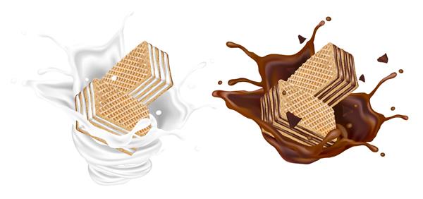 ویفر شکلاتی و پاشیدن شیر در وسط جدا شده در پس زمینه سفید وکتور واقع گرایانه در تصویر سه بعدی مفهوم غذا